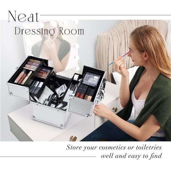 Professional Makeup Train Case Portable Cosmetic Organizer Case 4 Trays Aluminum - Picture 5 of 6